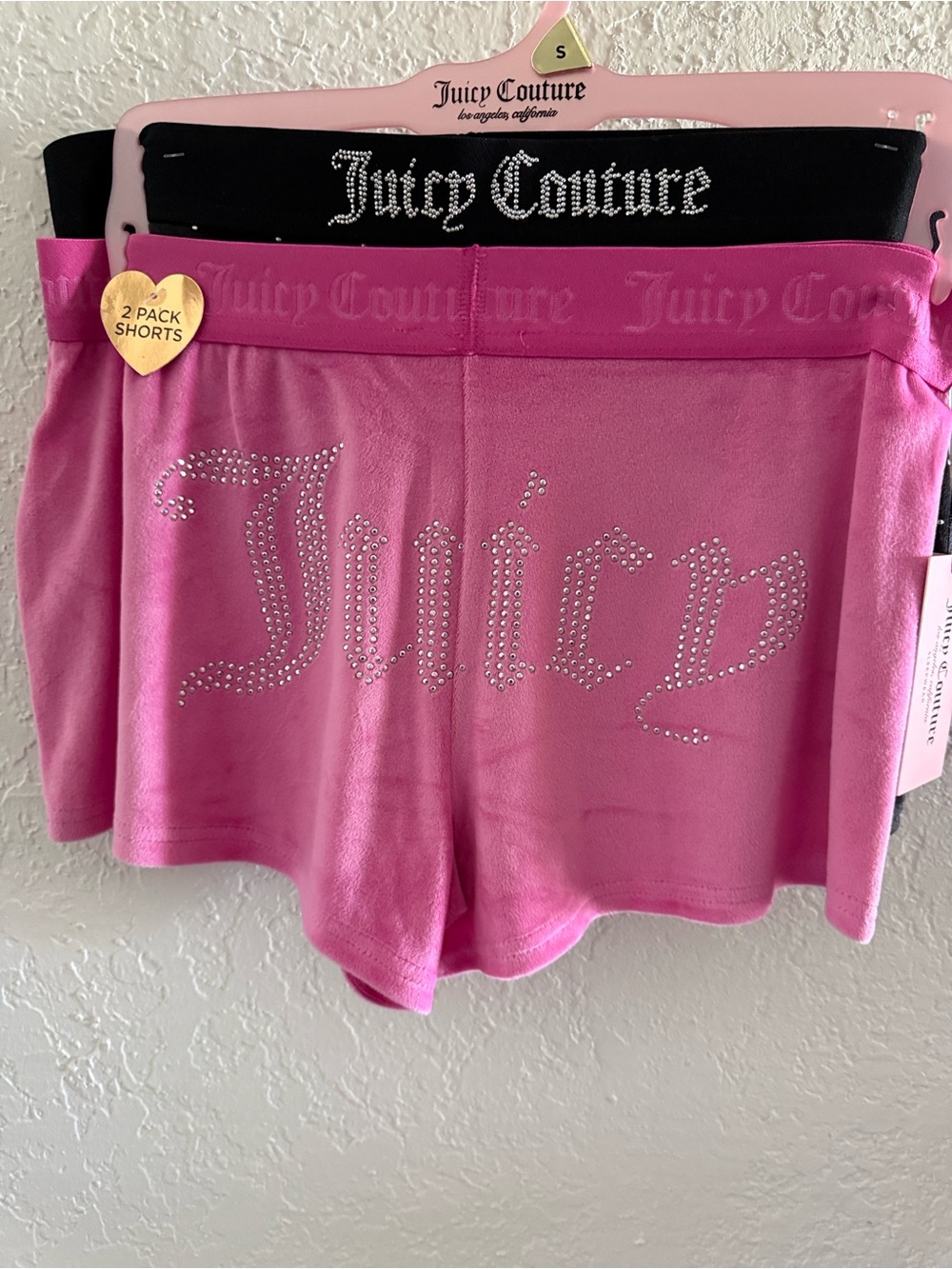 Juicy Couture Small Pink & Black Velour Sleep Shorts with Rhinestone Logos. 2PC